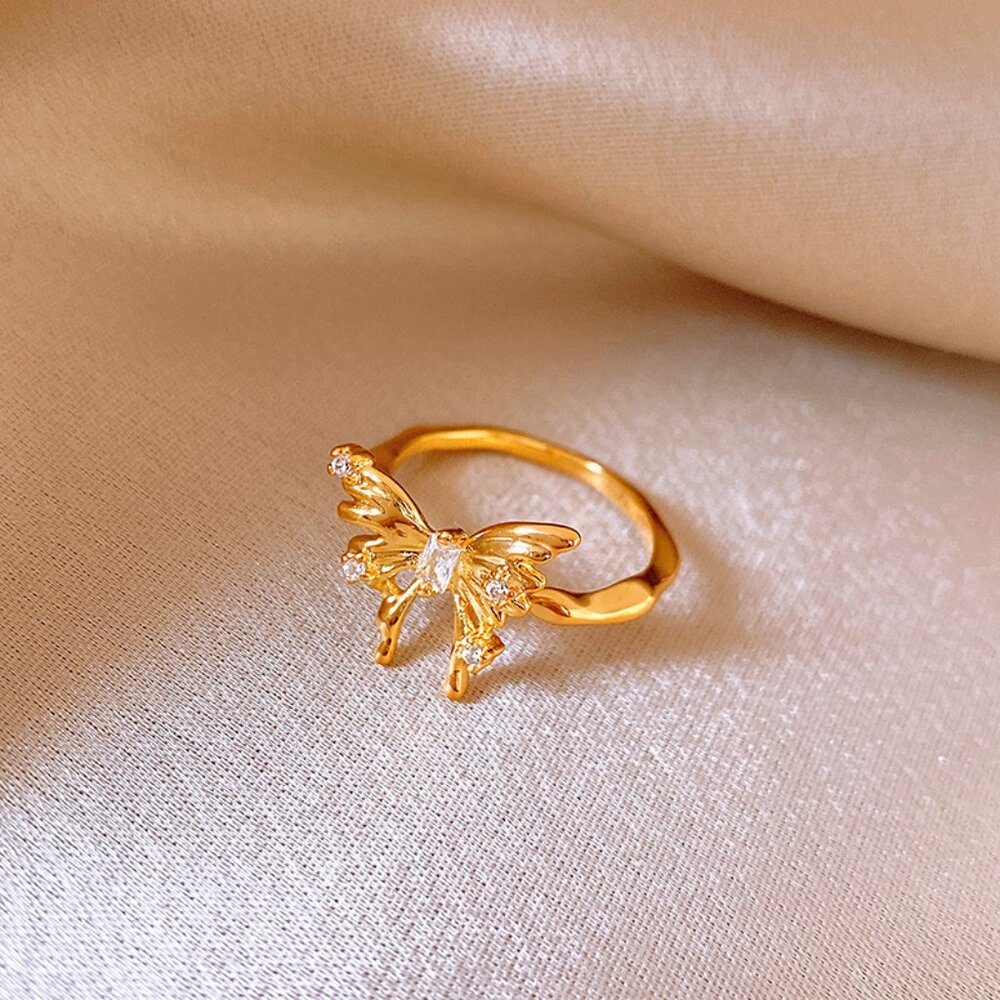 Women’s Adjustable Real Gold-Plated Butterfly Ring with Zircon Stones Sparkly